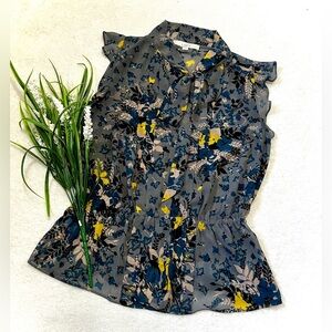 Loft Floral Flounce Hem Tie Neck Blouse - Small